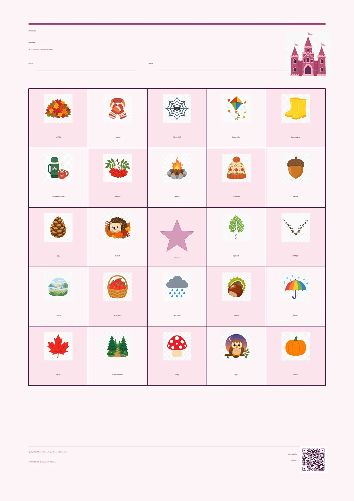 Höstbingo för barn 7–9 år – Prinsessa-tema – gratis utskrivbart A4-bräde