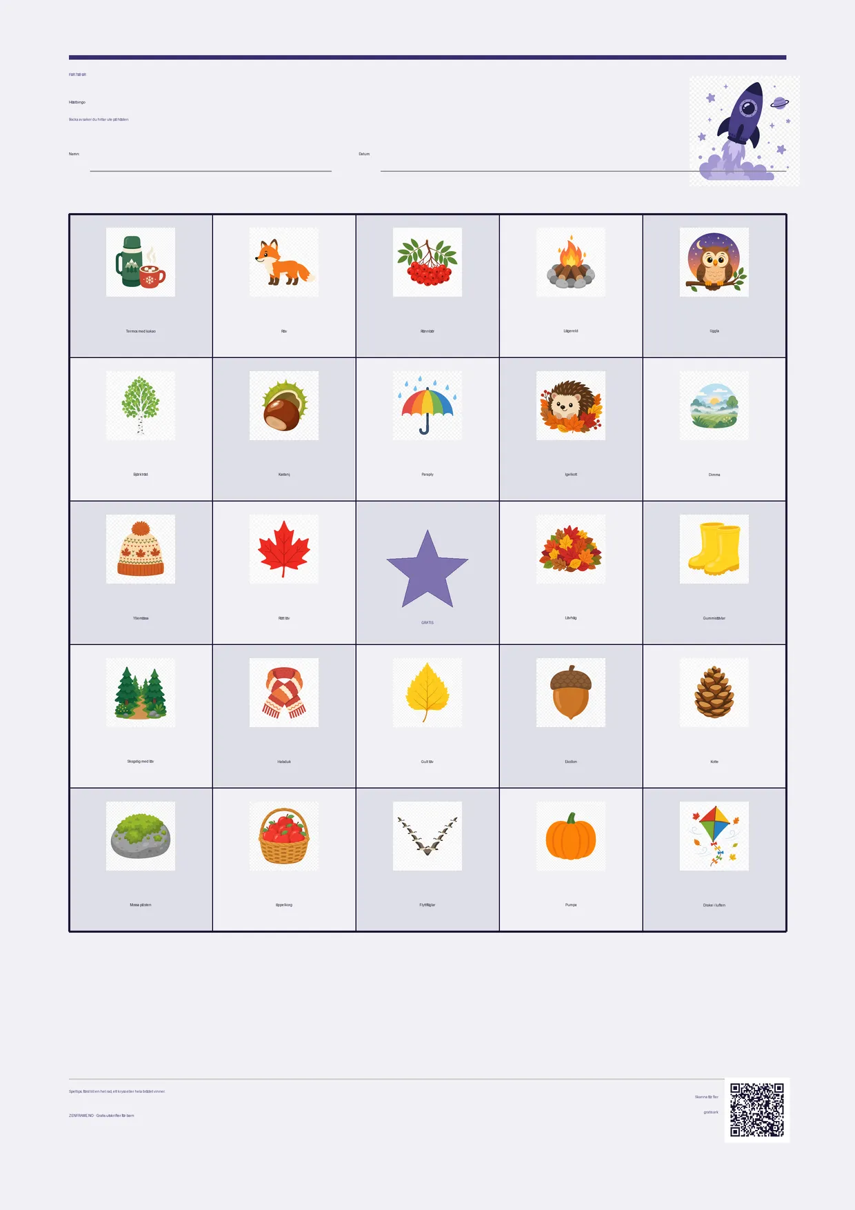 Höstbingo för barn 7–9 år – Rymden-tema – gratis utskrivbart A4-bräde