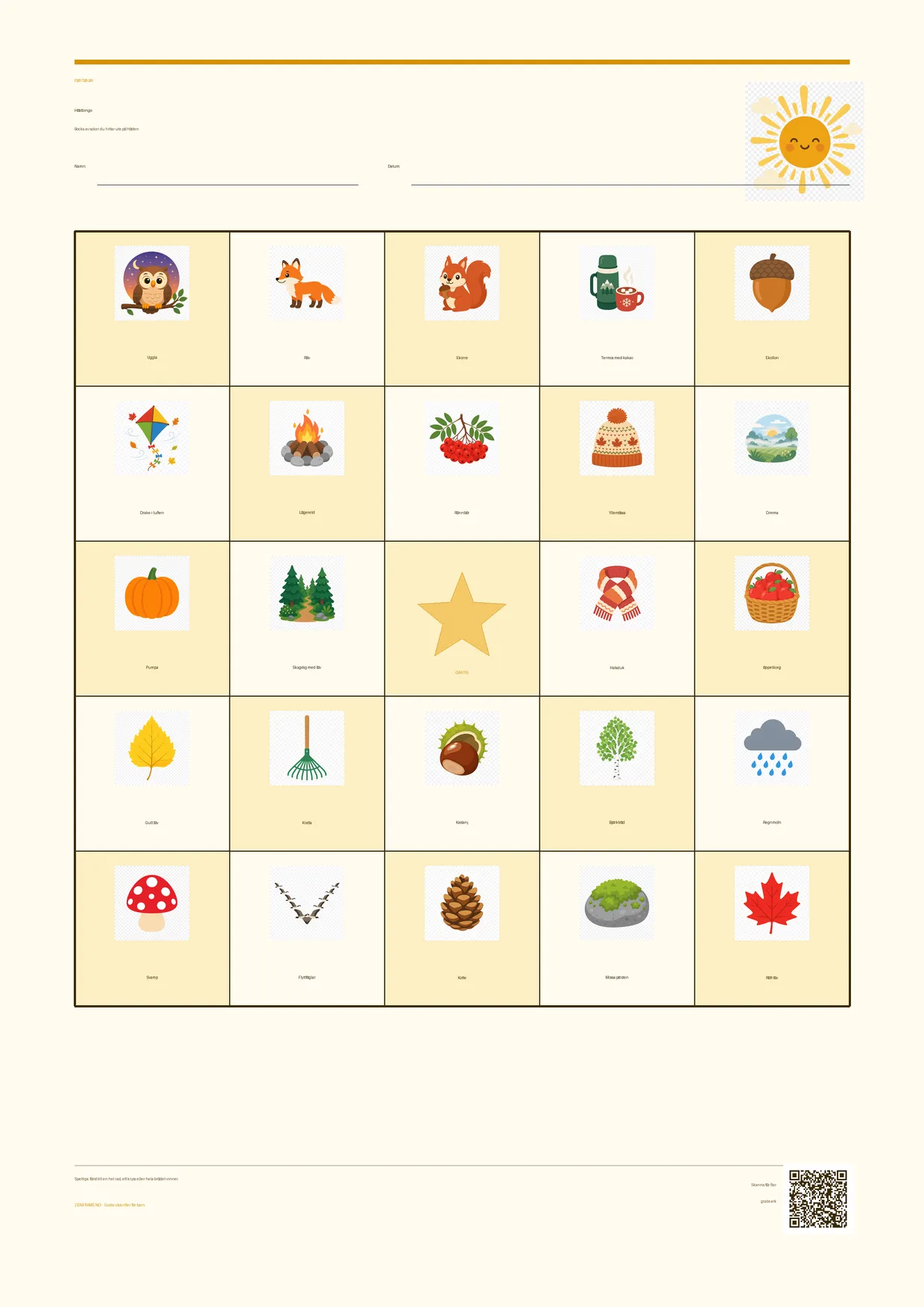 Höstbingo för barn 7–9 år – Sommar-tema – gratis utskrivbart A4-bräde