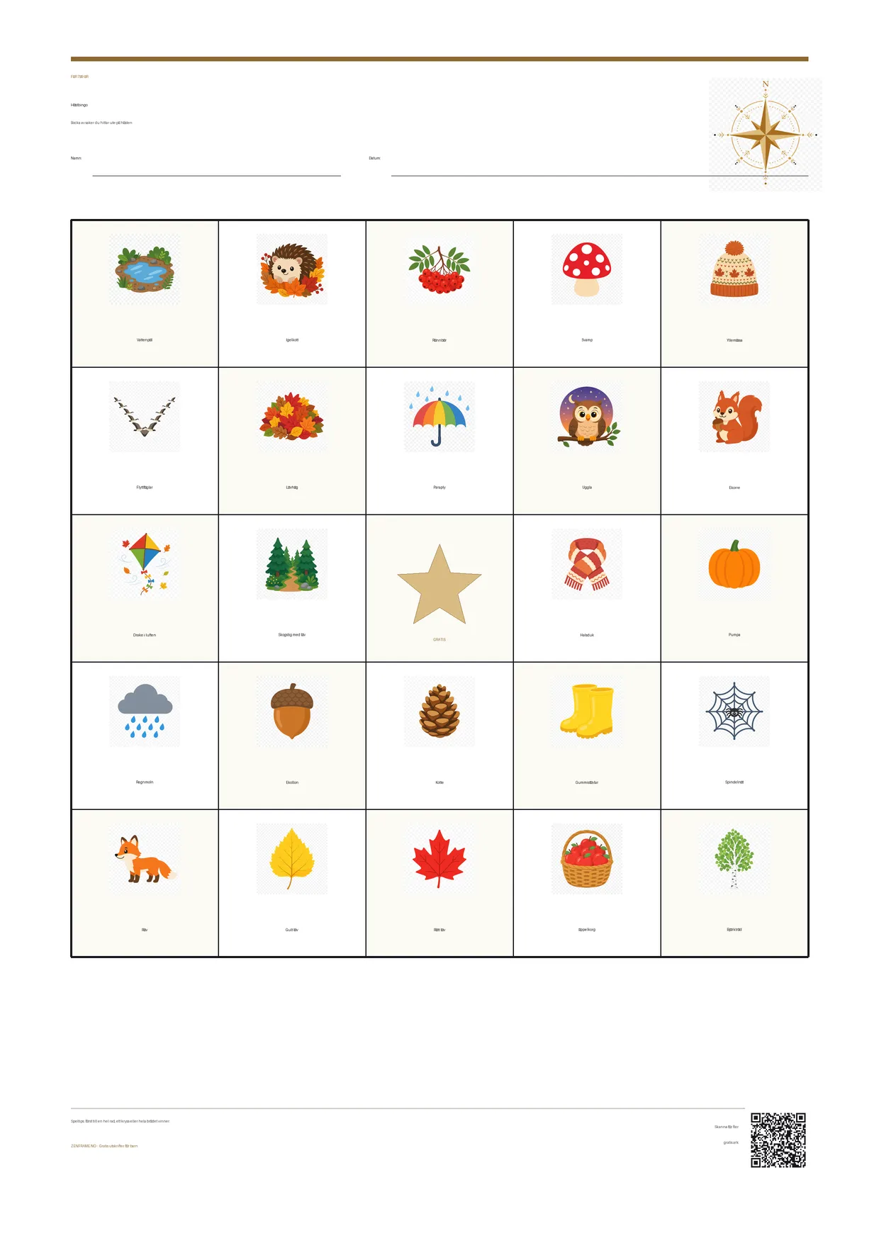 Höstbingo för barn 7–9 år – gratis utskrivbart A4-bräde