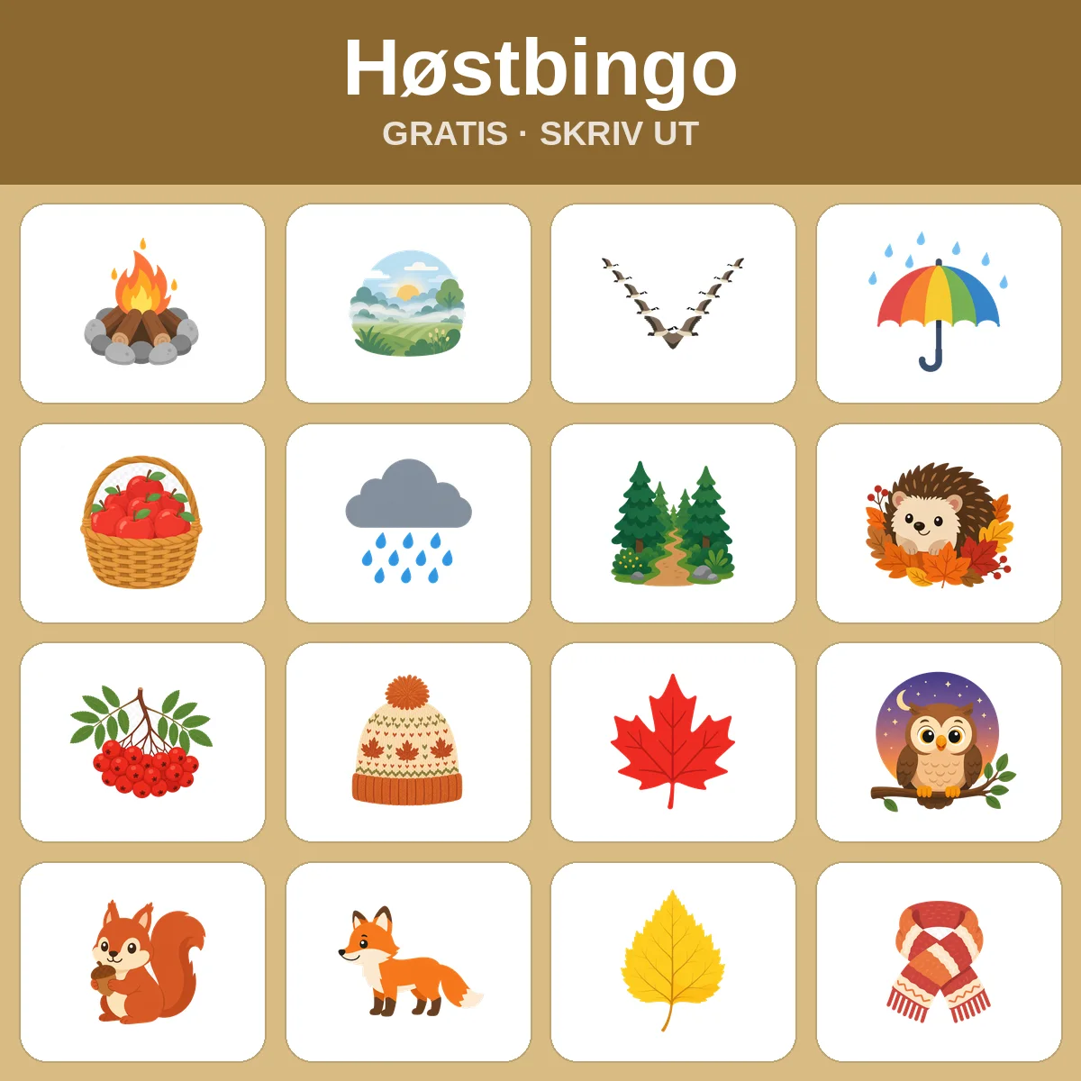 Høstbingo – gratis bingo til utskrift for barn