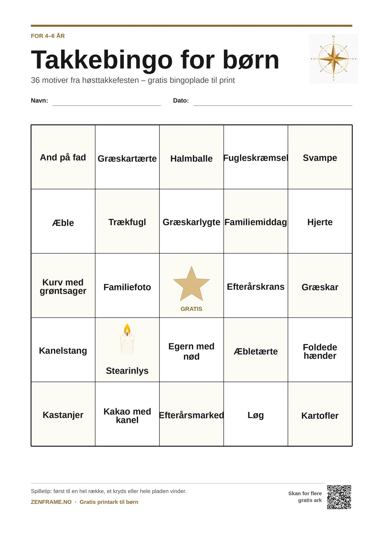 Takkebingo for børn 4–6 år – gratis printbar A4-plade