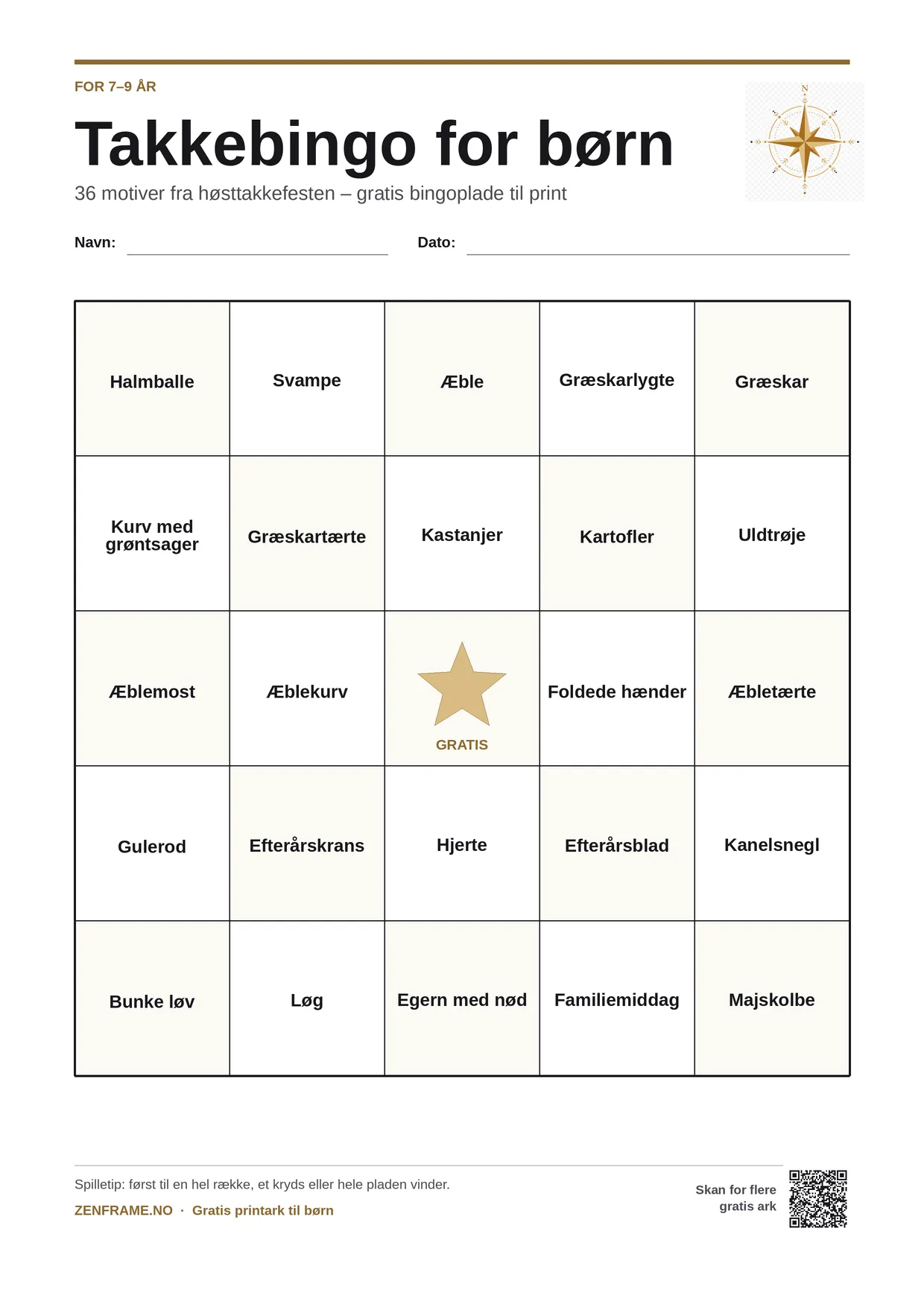 Takkebingo for børn 7–9 år – gratis printbar A4-plade