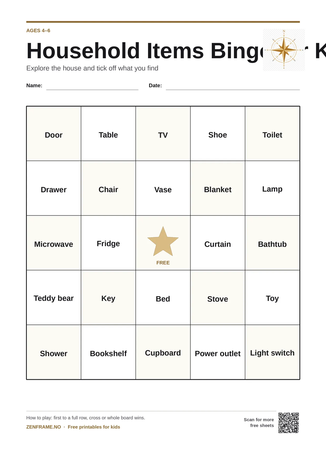 Household Items Bingo for kids ages 4–6 – free printable A4 board