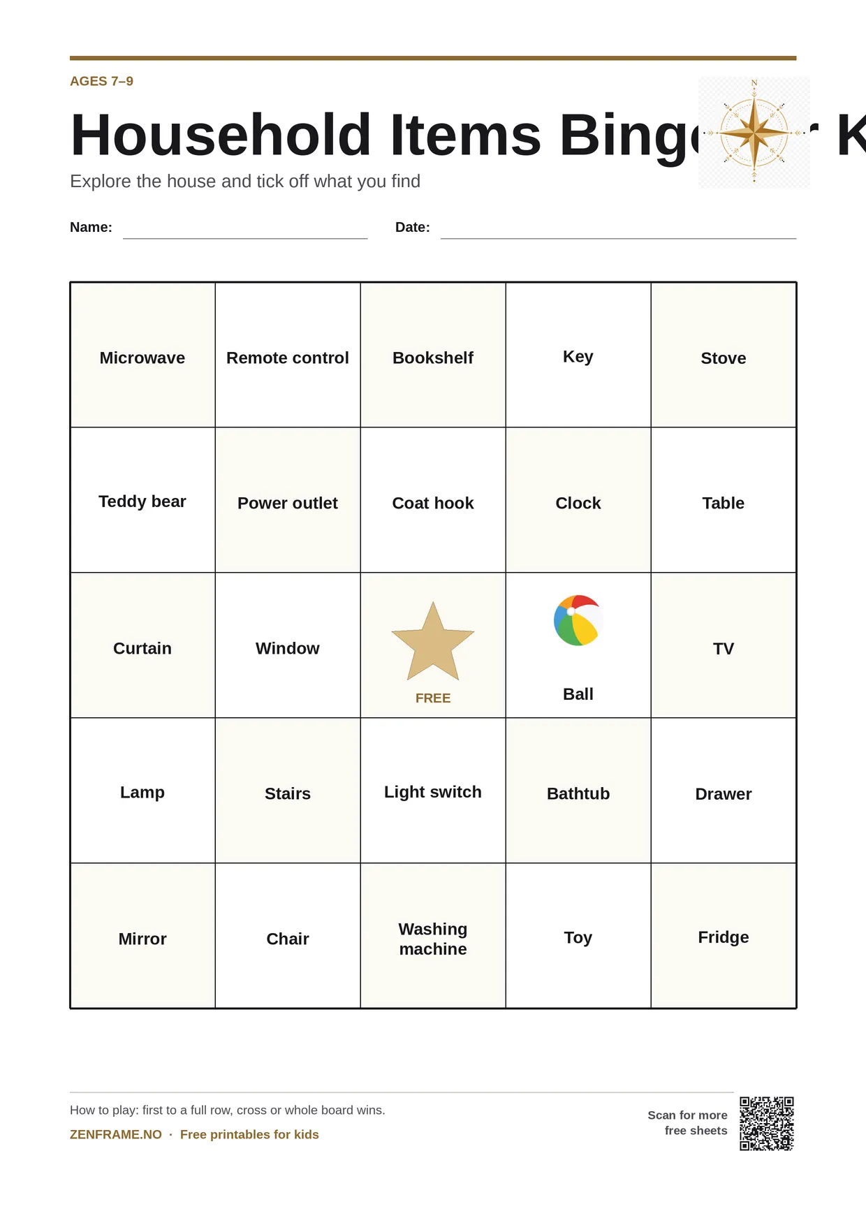 Household Items Bingo for kids ages 7–9 – free printable A4 board