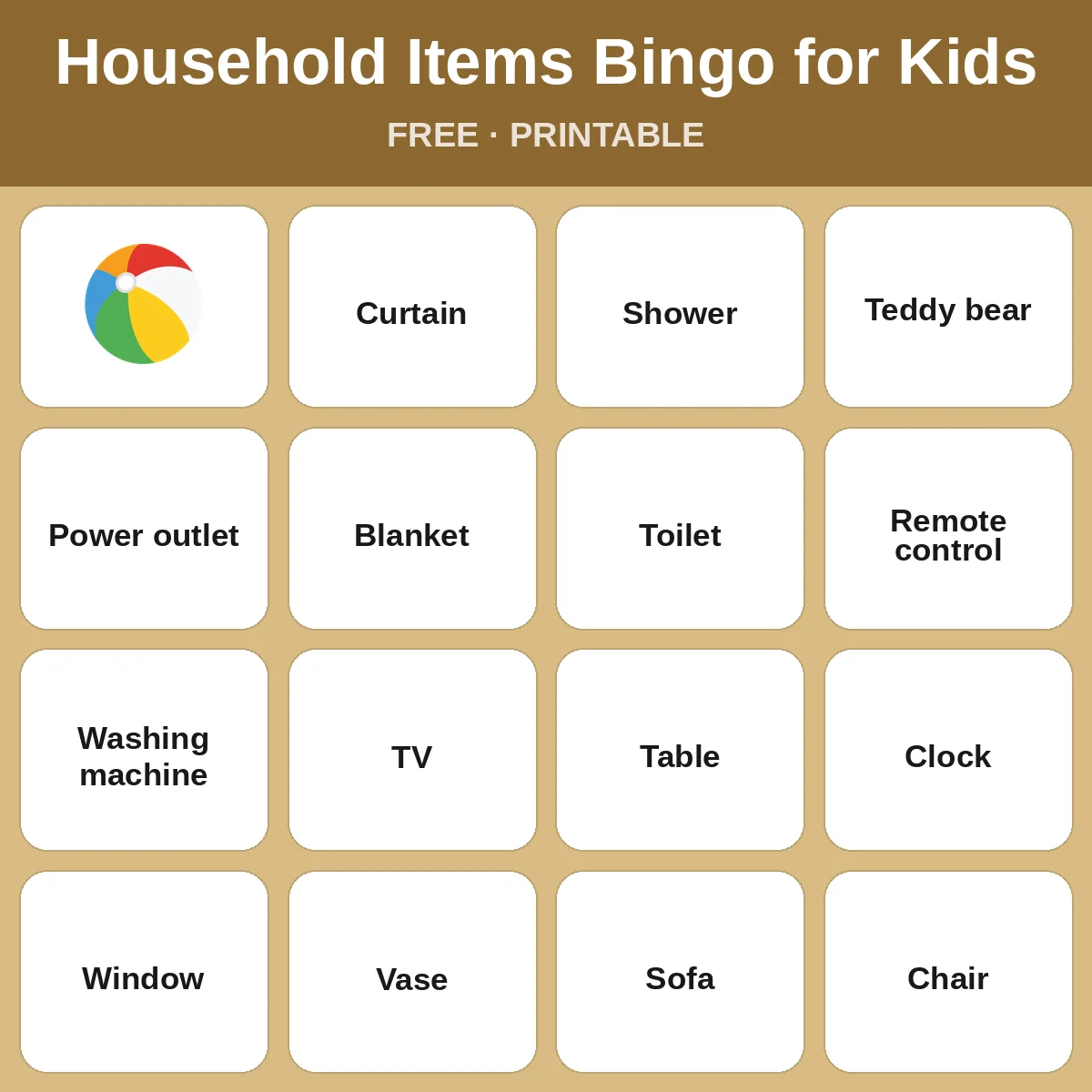 Household Items Bingo for Kids – free printable bingo for kids