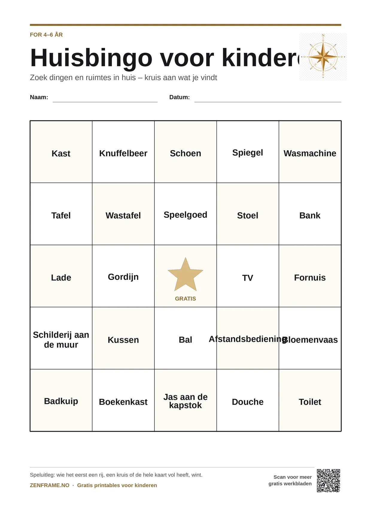 Huisbingo voor kinderen 4–6 jaar – gratis printbare A4-kaart