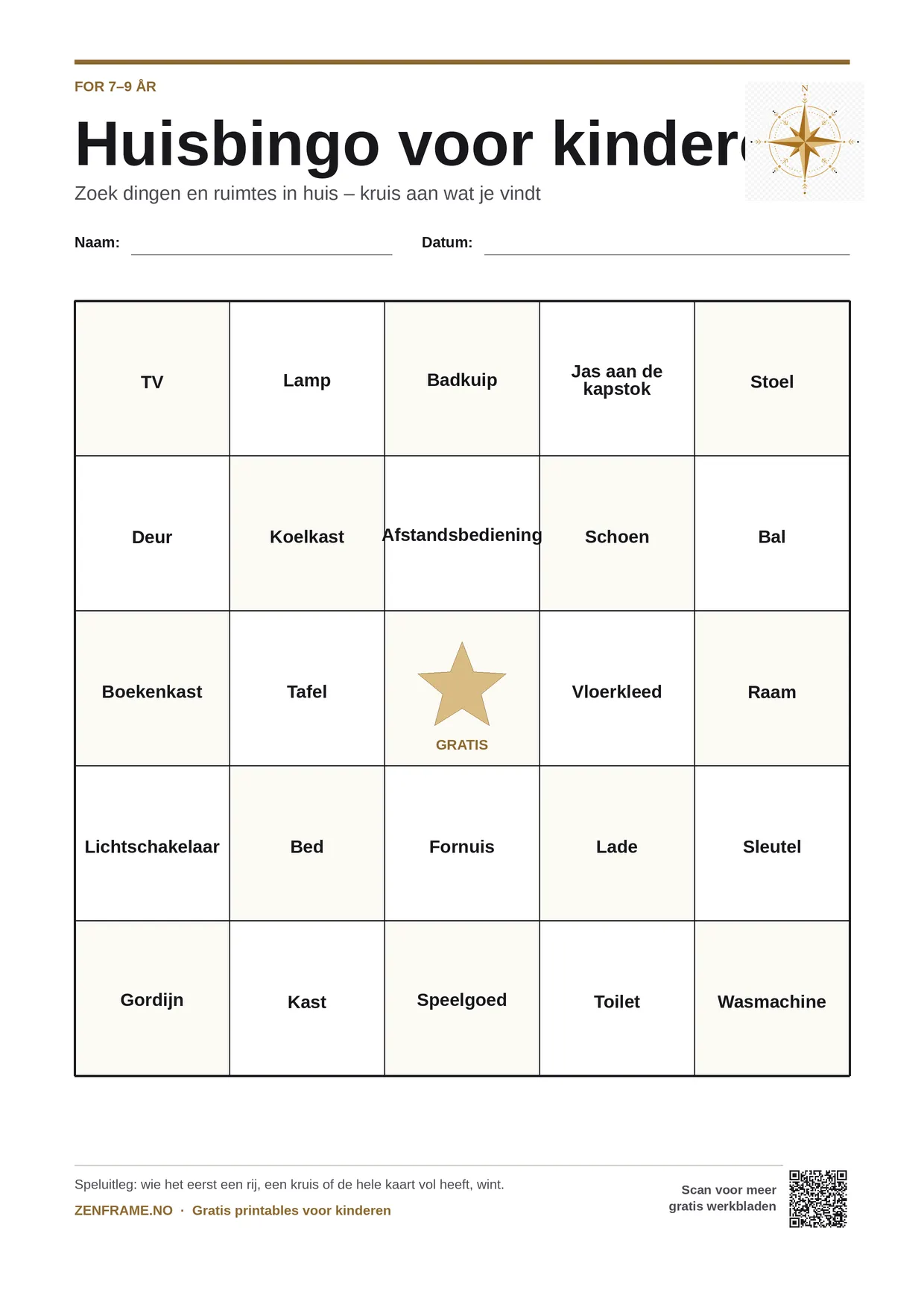 Huisbingo voor kinderen 7–9 jaar – gratis printbare A4-kaart