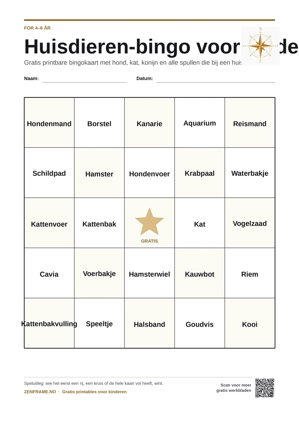 Huisdieren-bingo voor kinderen 4–6 jaar – gratis printbare A4-kaart