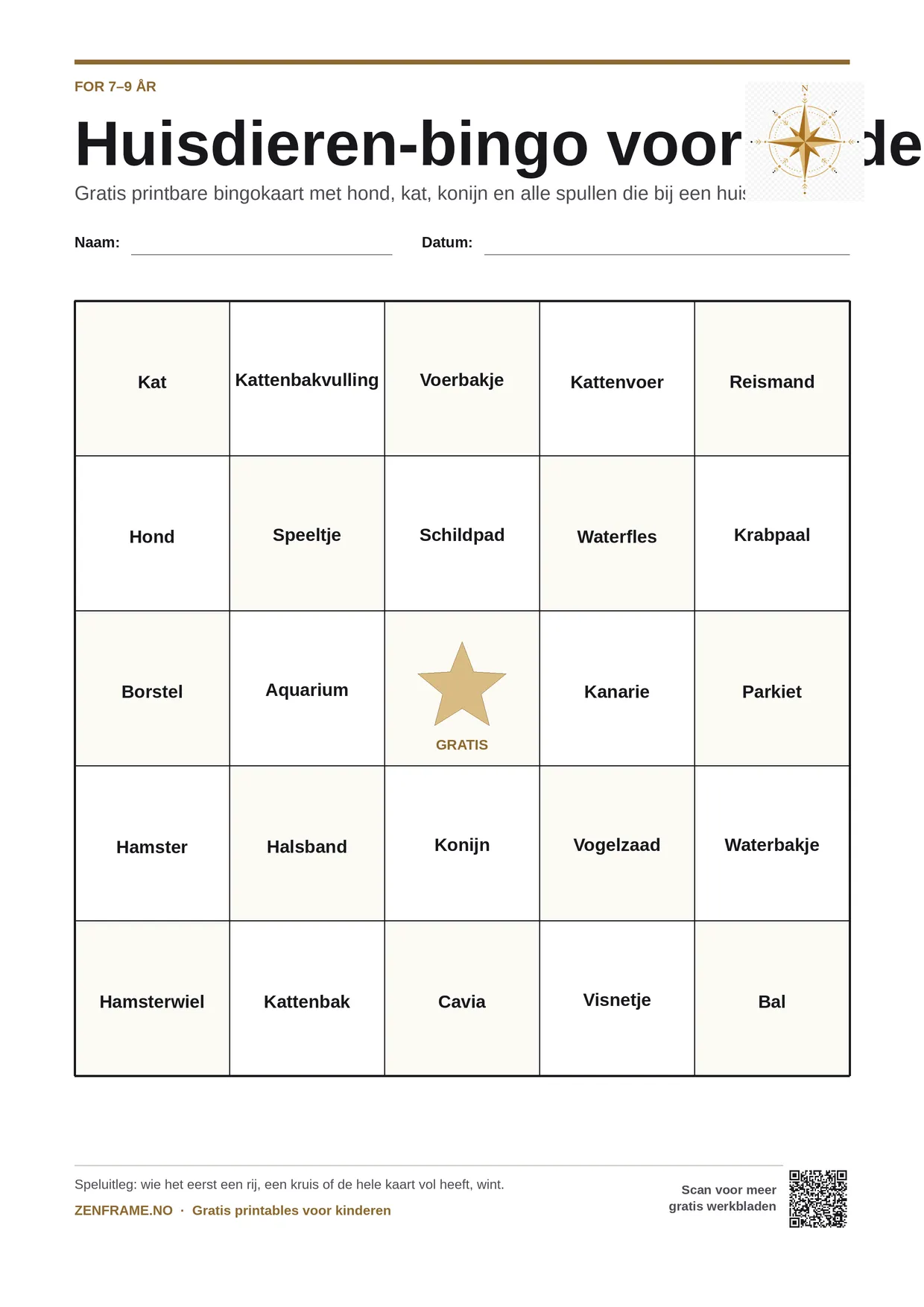Huisdieren-bingo voor kinderen 7–9 jaar – gratis printbare A4-kaart