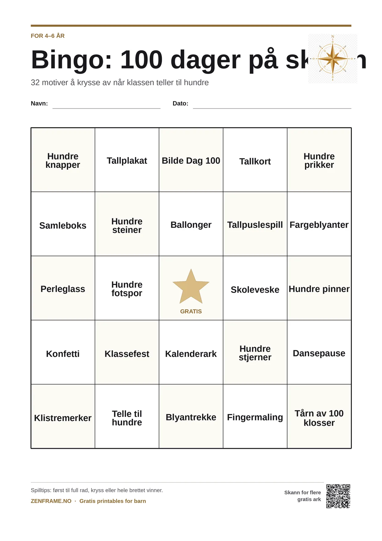 Bingo: 100 dager på skolen for barn 4–6 år – gratis utskrivbart A4-brett