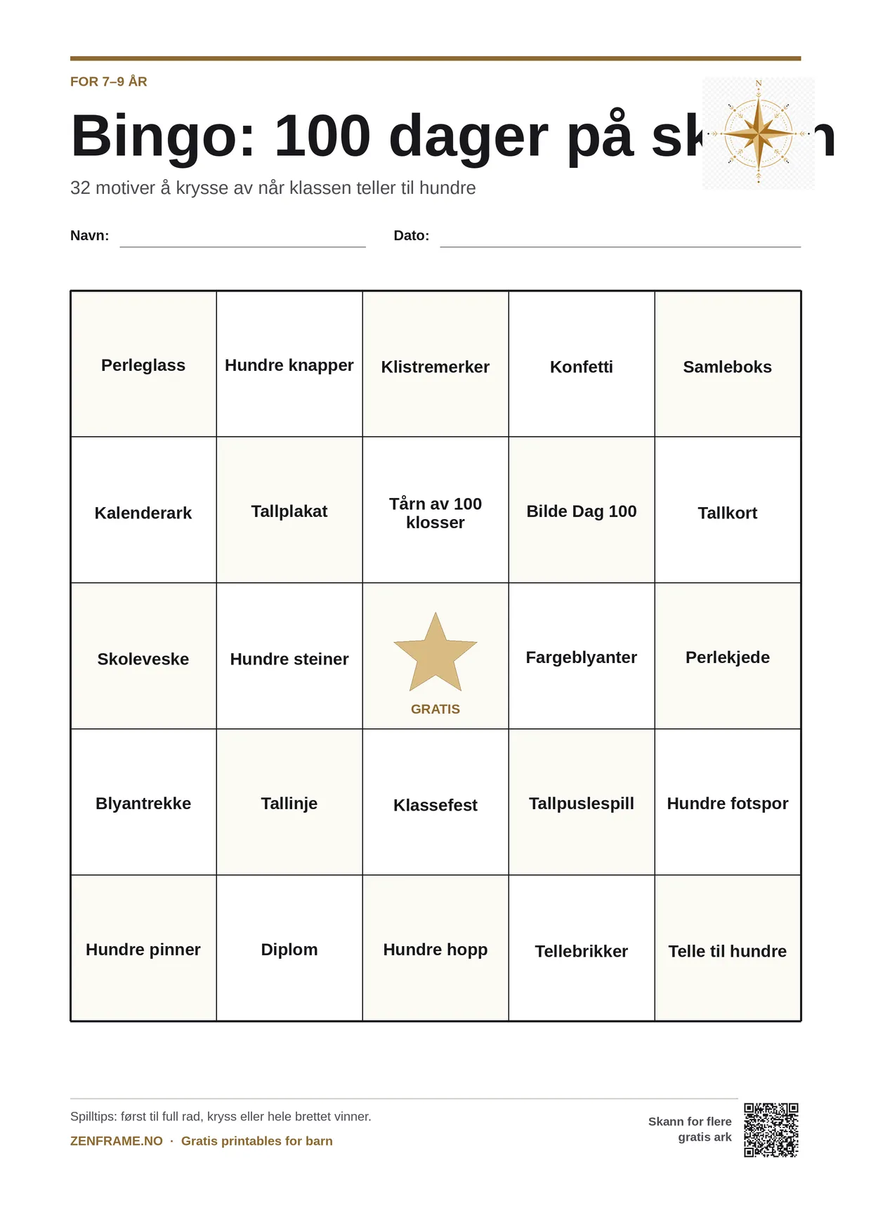 Bingo: 100 dager på skolen for barn 7–9 år – gratis utskrivbart A4-brett