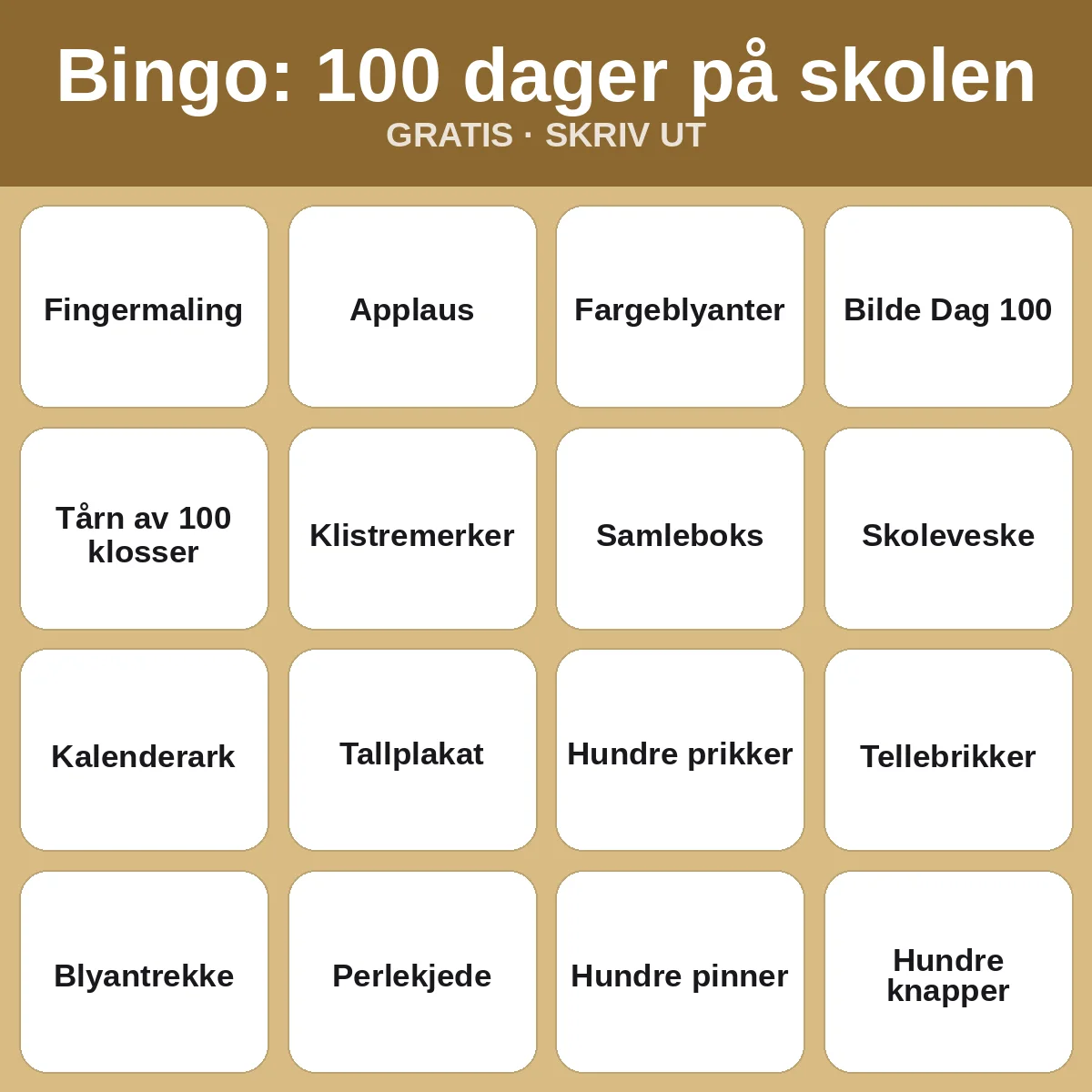 Bingo: 100 dager på skolen – gratis bingo til utskrift for barn