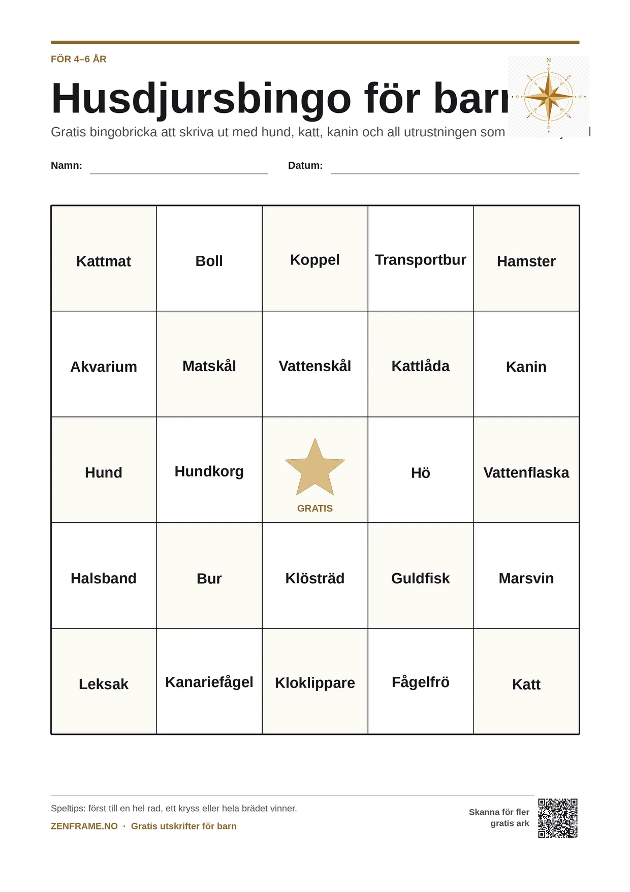 Husdjursbingo för barn 4–6 år – gratis utskrivbart A4-bräde