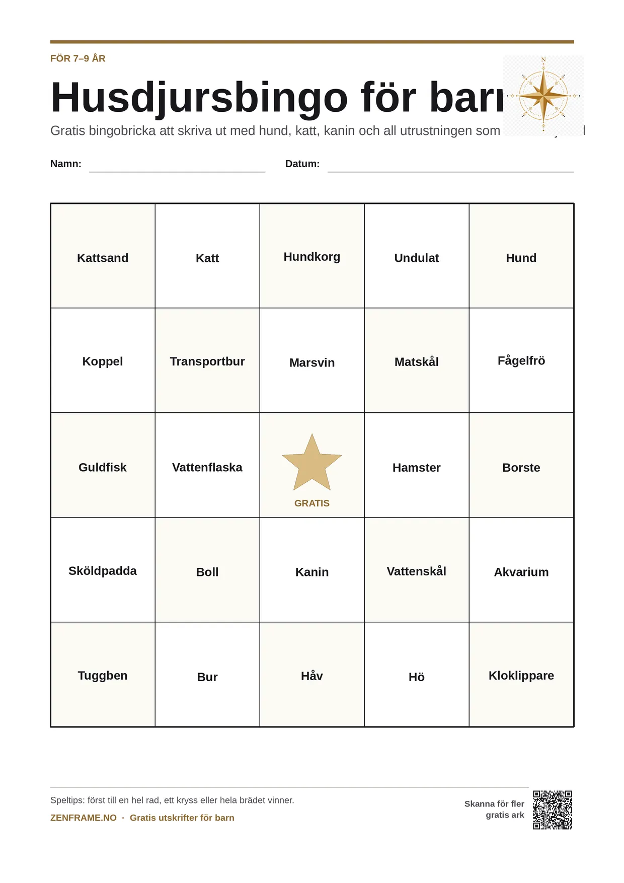 Husdjursbingo för barn 7–9 år – gratis utskrivbart A4-bräde