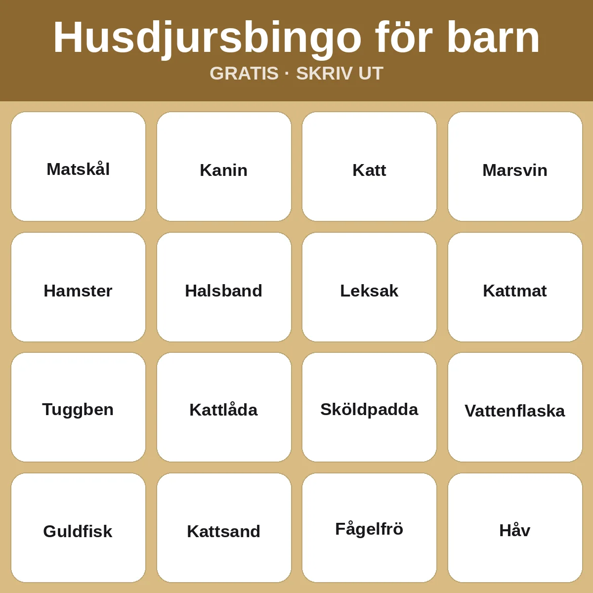 Husdjursbingo för barn – gratis bingo att skriva ut för barn