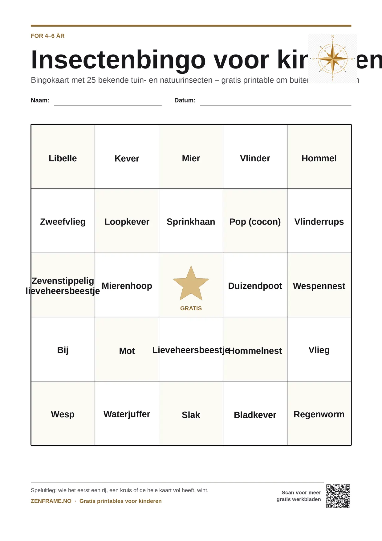 Insectenbingo voor kinderen 4–6 jaar – gratis printbare A4-kaart