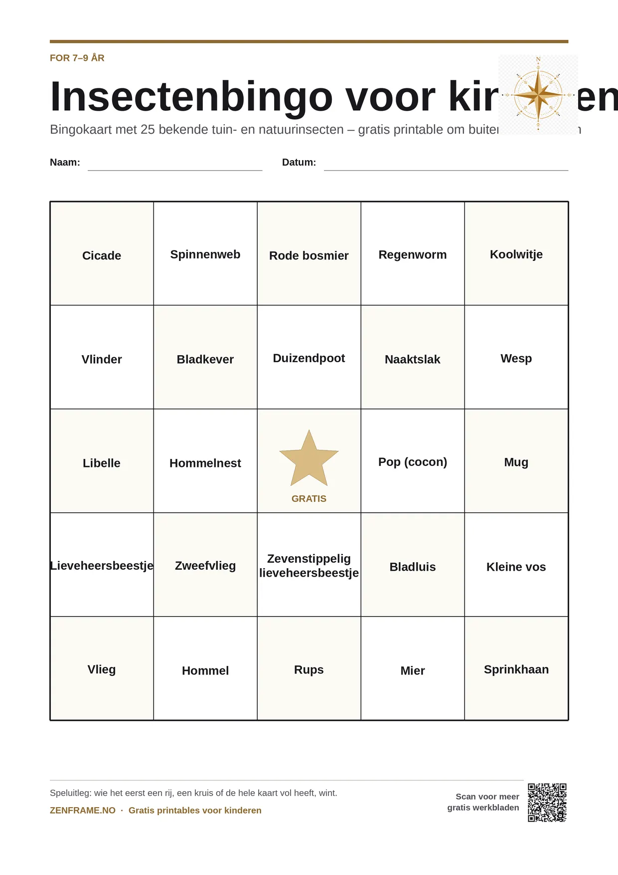 Insectenbingo voor kinderen 7–9 jaar – gratis printbare A4-kaart