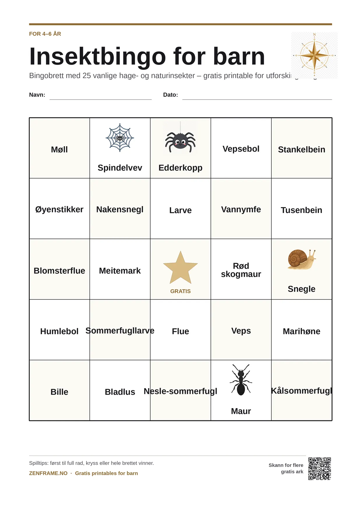 Insektbingo for barn 4–6 år – gratis utskrivbart A4-brett