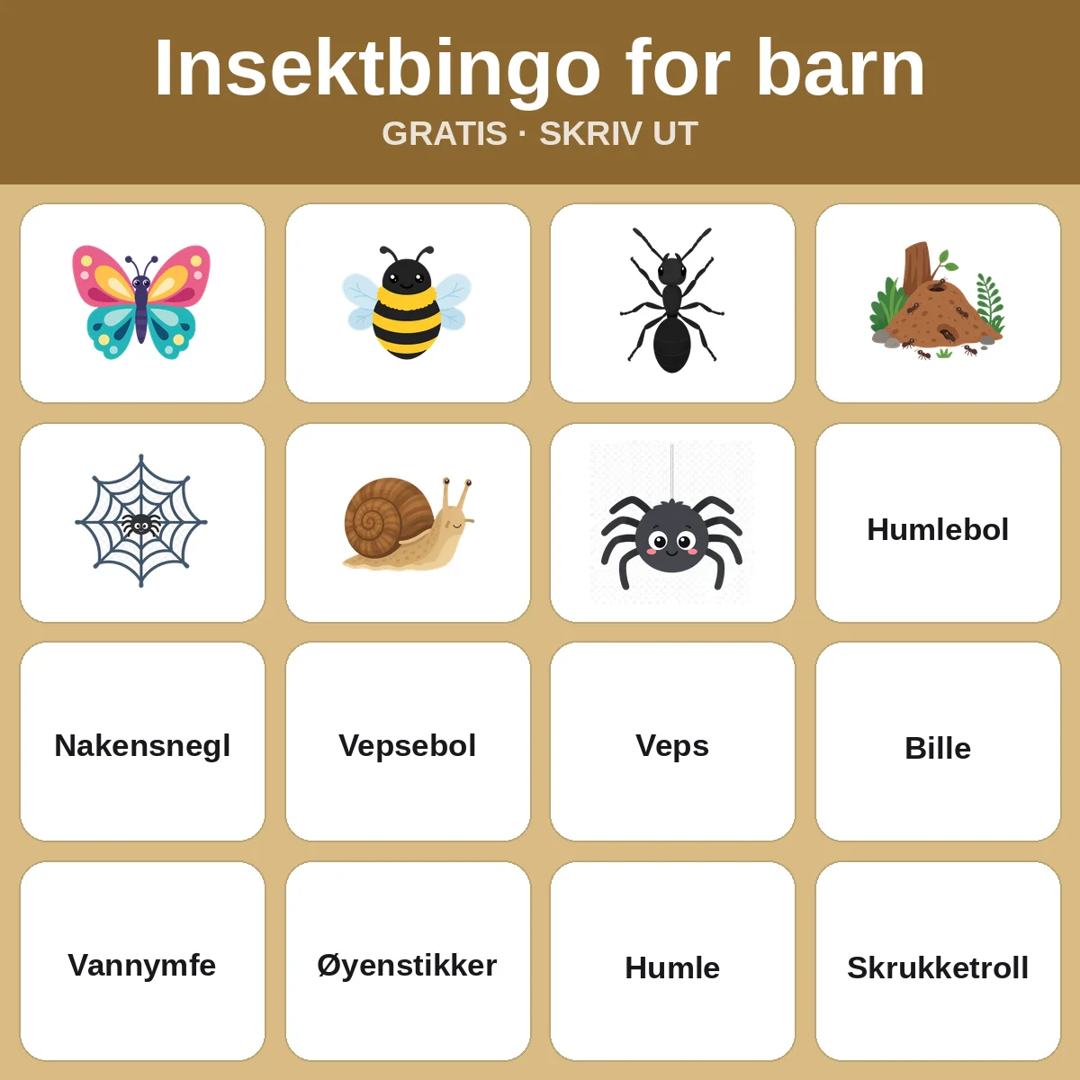Insektbingo for barn – gratis bingo til utskrift for barn