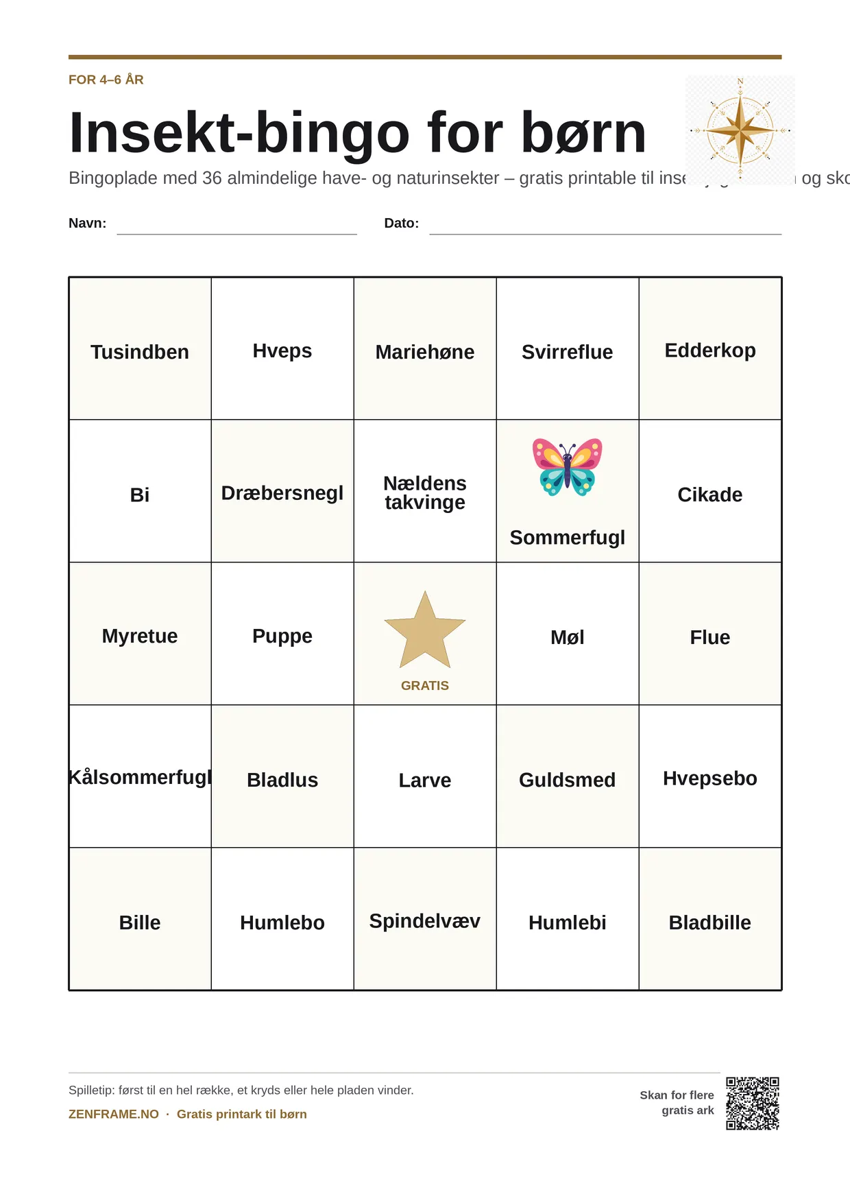 Insekt-bingo for børn 4–6 år – gratis printbar A4-plade