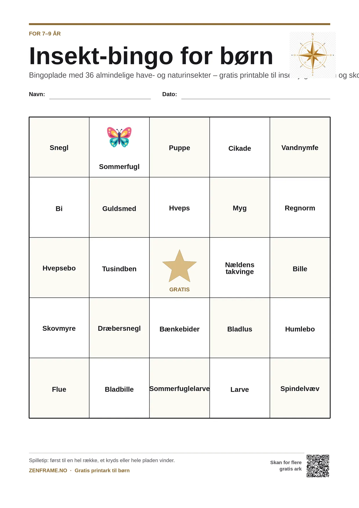Insekt-bingo for børn 7–9 år – gratis printbar A4-plade