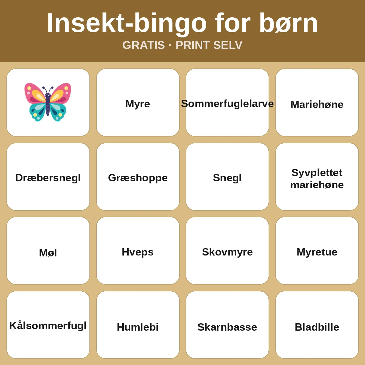 Insekt-bingo for børn – gratis bingo til print for børn