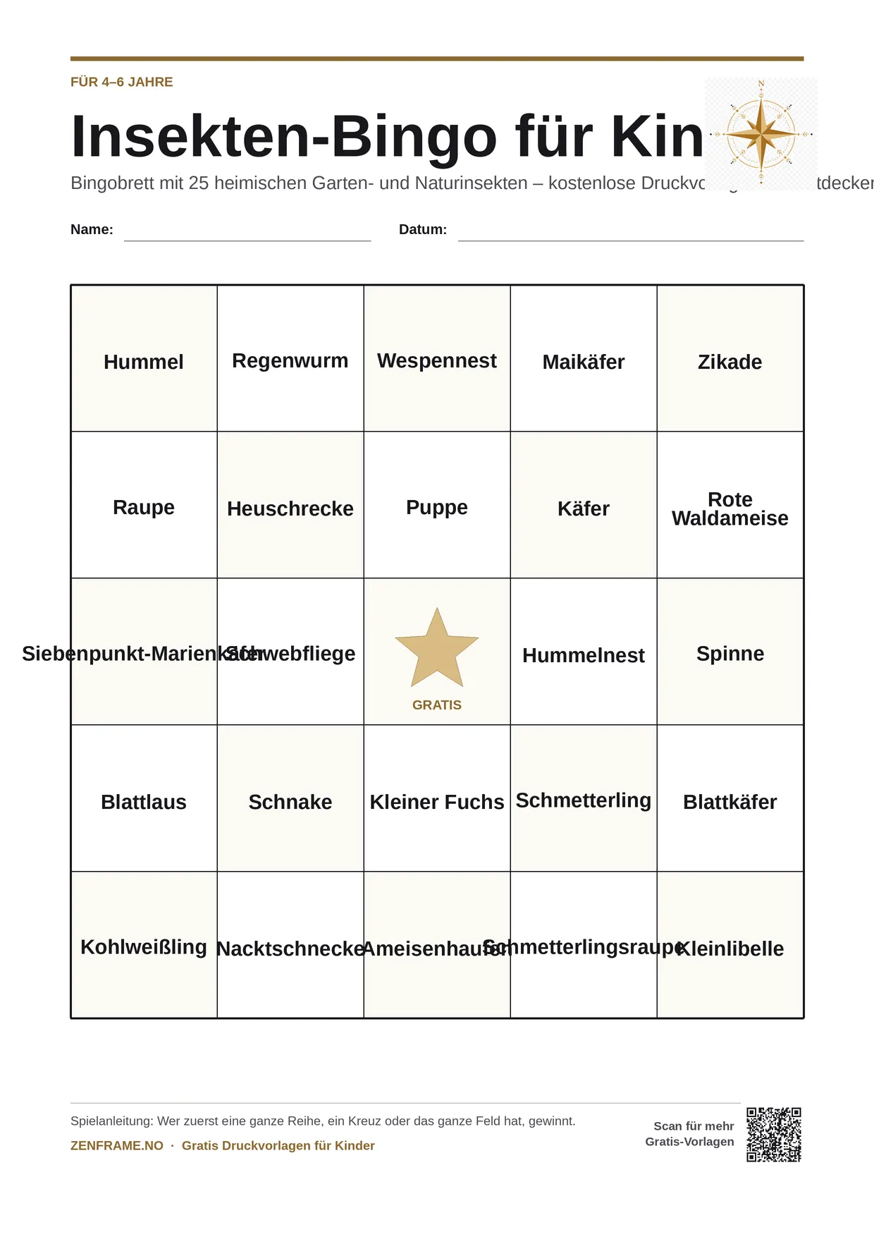 Insekten-Bingo für Kinder 4–6 Jahre – kostenlose A4-Vorlage zum Ausdrucken