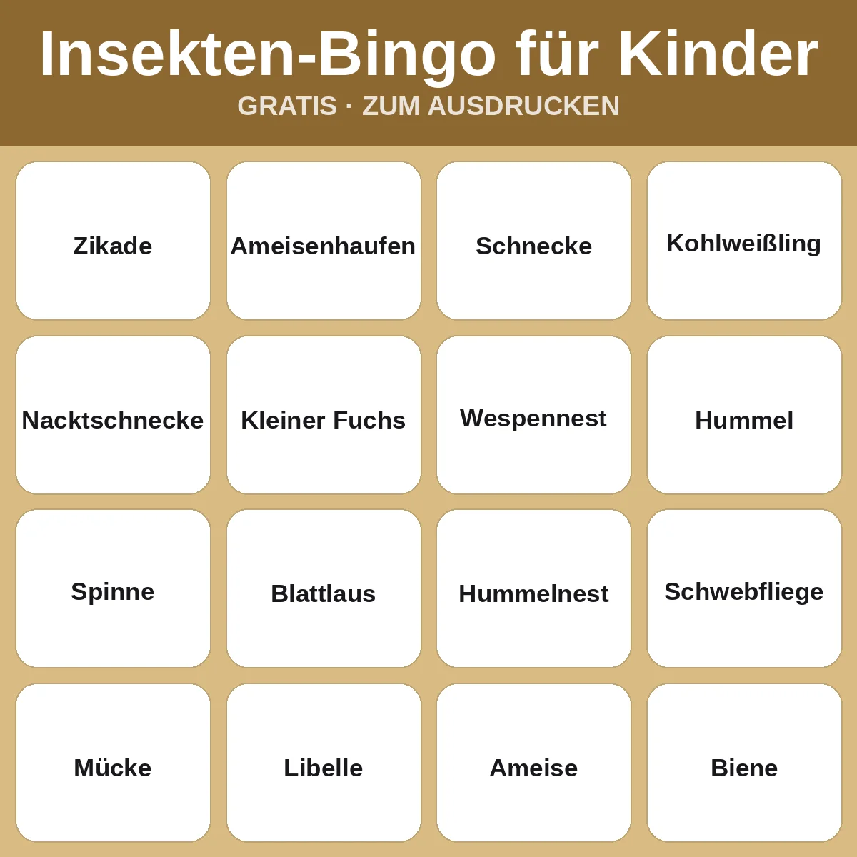 Insekten-Bingo für Kinder – kostenloses Bingo zum Ausdrucken für Kinder