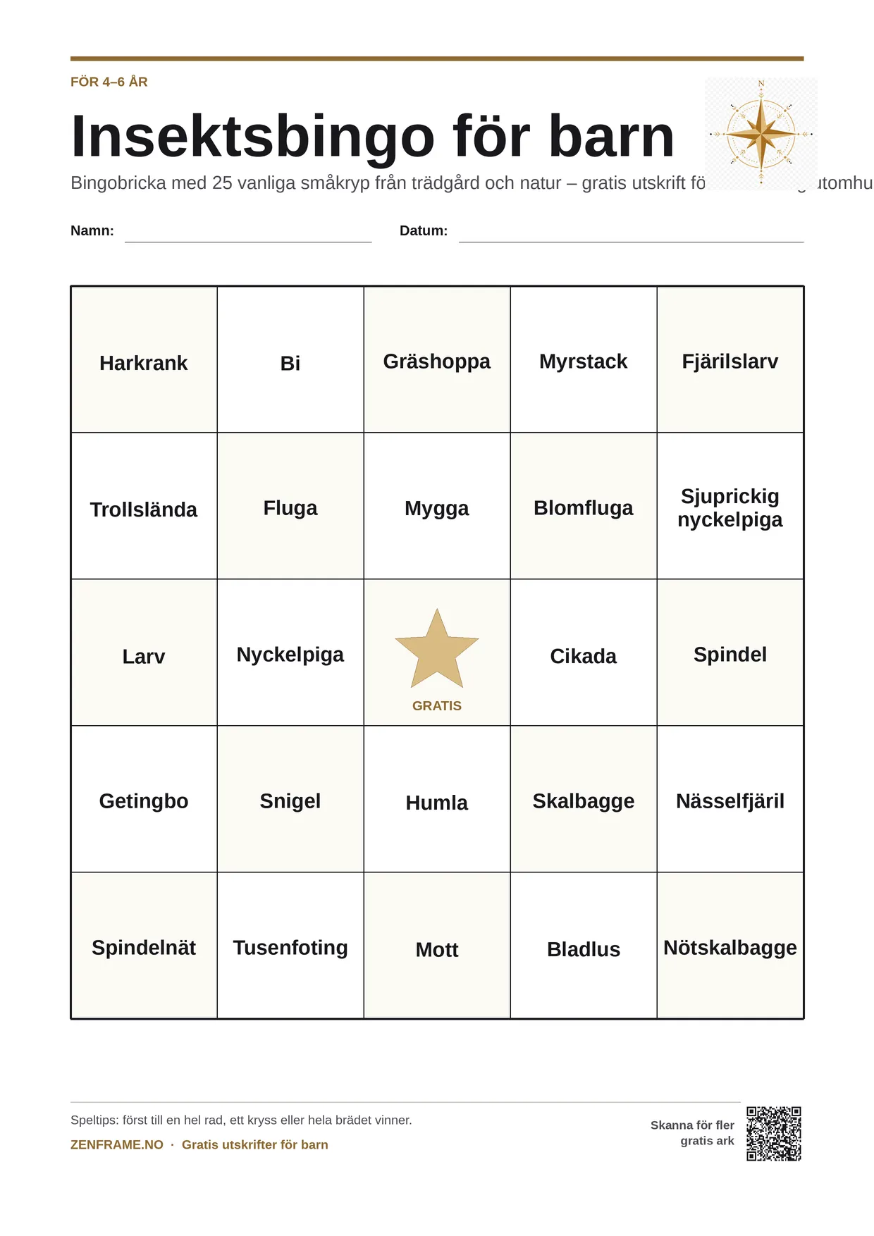 Insektsbingo för barn 4–6 år – gratis utskrivbart A4-bräde