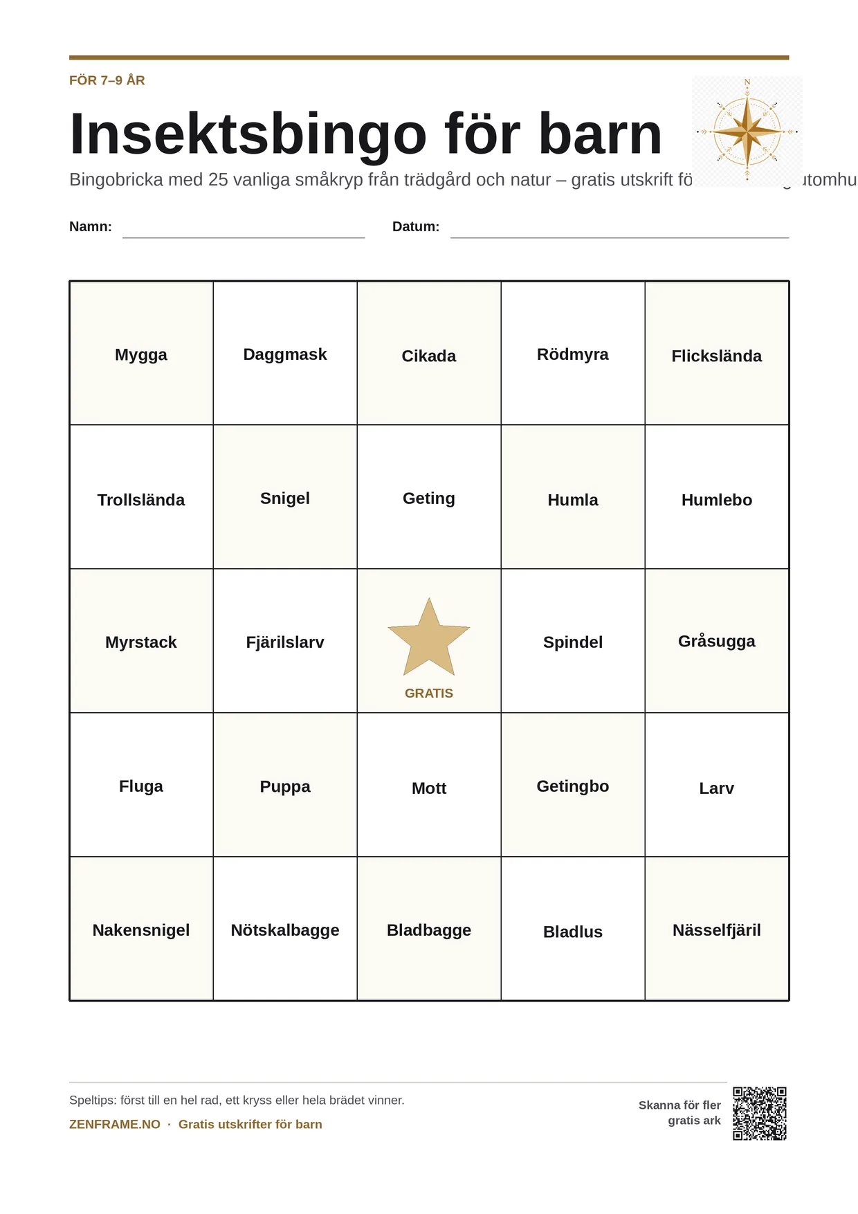 Insektsbingo för barn 7–9 år – gratis utskrivbart A4-bräde