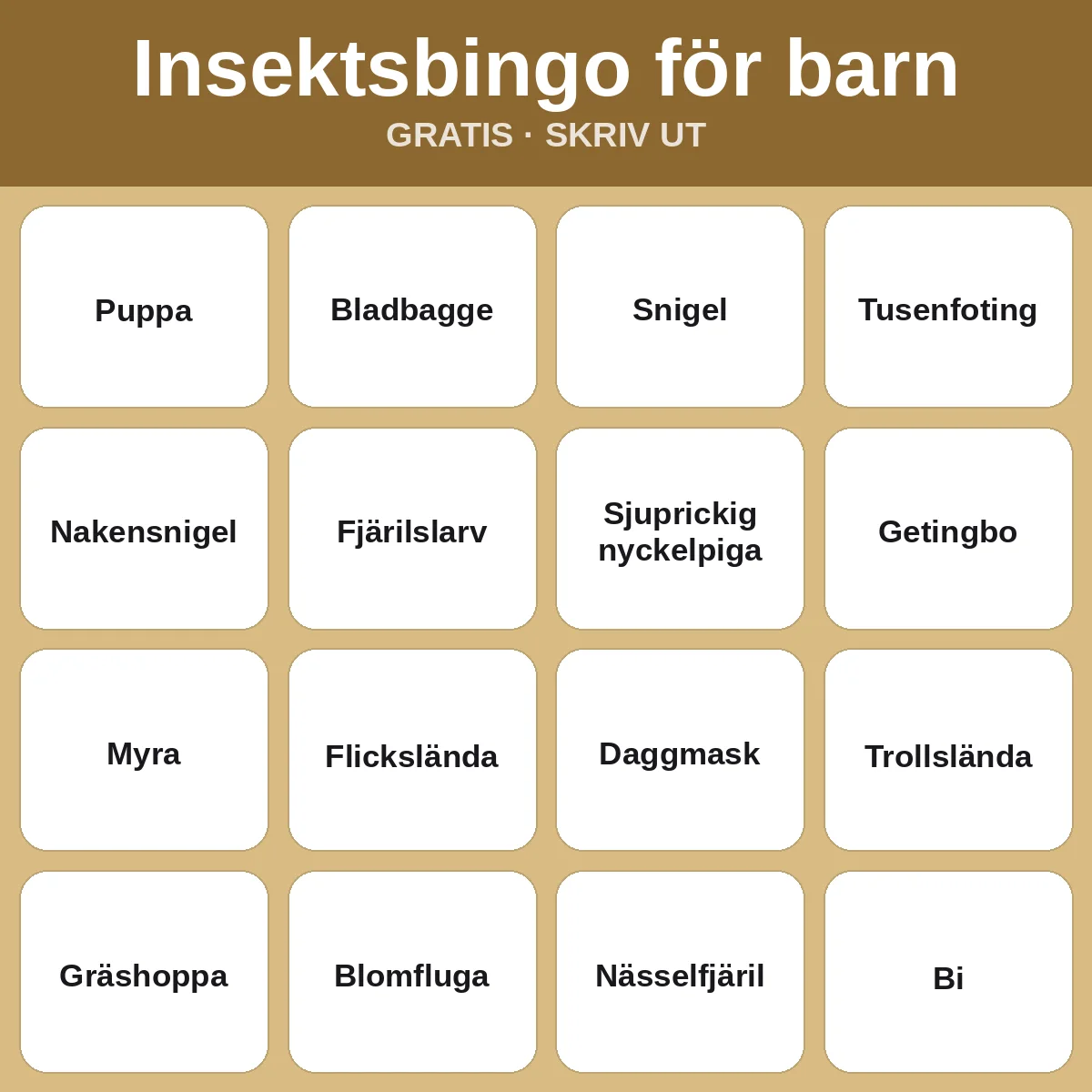 Insektsbingo för barn – gratis bingo att skriva ut för barn