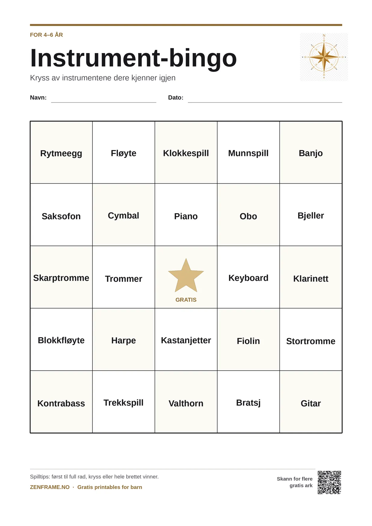 Instrument-bingo for barn 4–6 år – gratis utskrivbart A4-brett