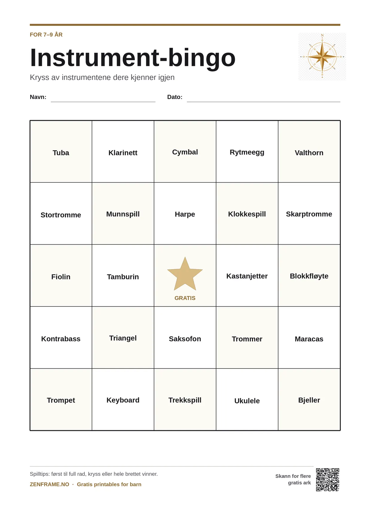 Instrument-bingo for barn 7–9 år – gratis utskrivbart A4-brett