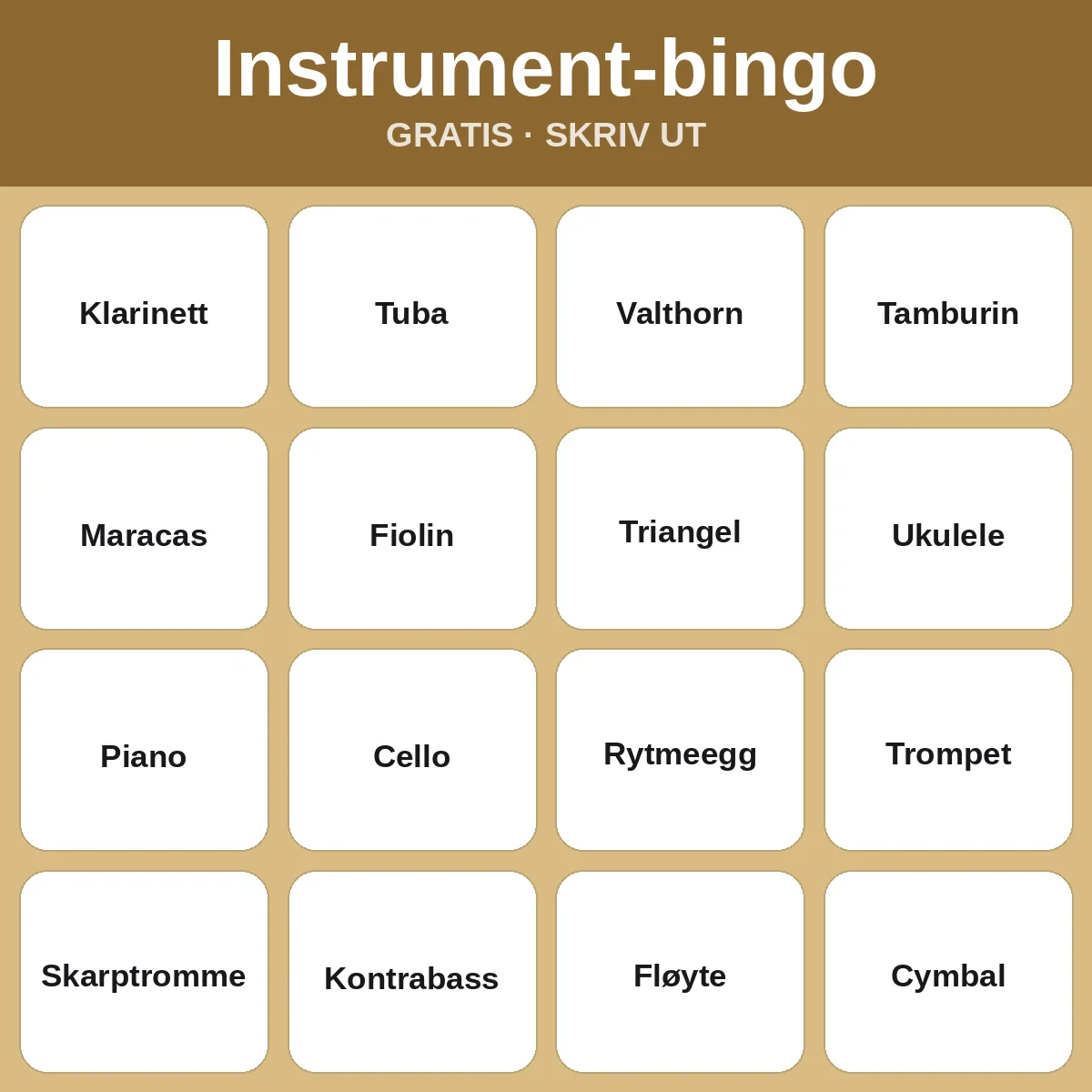 Instrument-bingo – gratis bingo til utskrift for barn