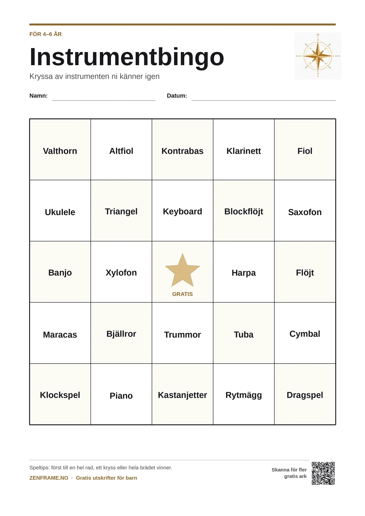 Instrumentbingo för barn 4–6 år – gratis utskrivbart A4-bräde