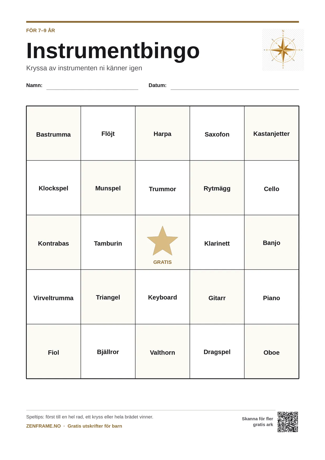 Instrumentbingo för barn 7–9 år – gratis utskrivbart A4-bräde