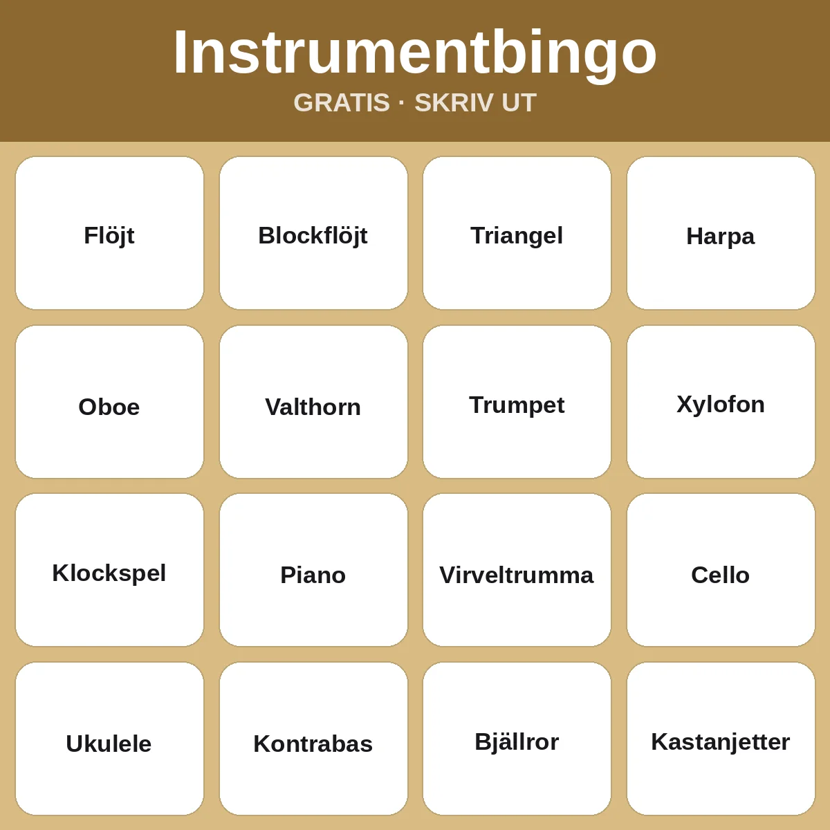 Instrumentbingo – gratis bingo att skriva ut för barn