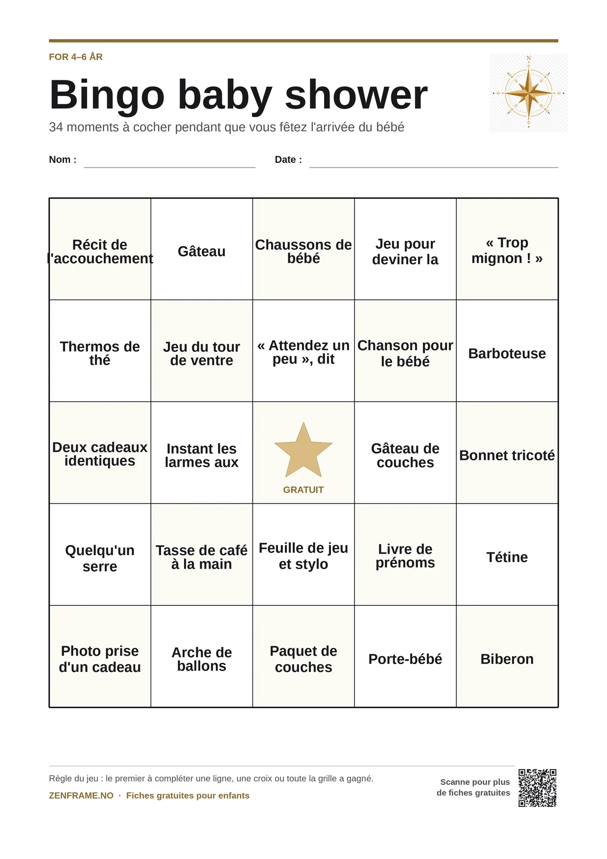 Bingo baby shower pour enfants 4–6 ans – planche A4 gratuite à imprimer