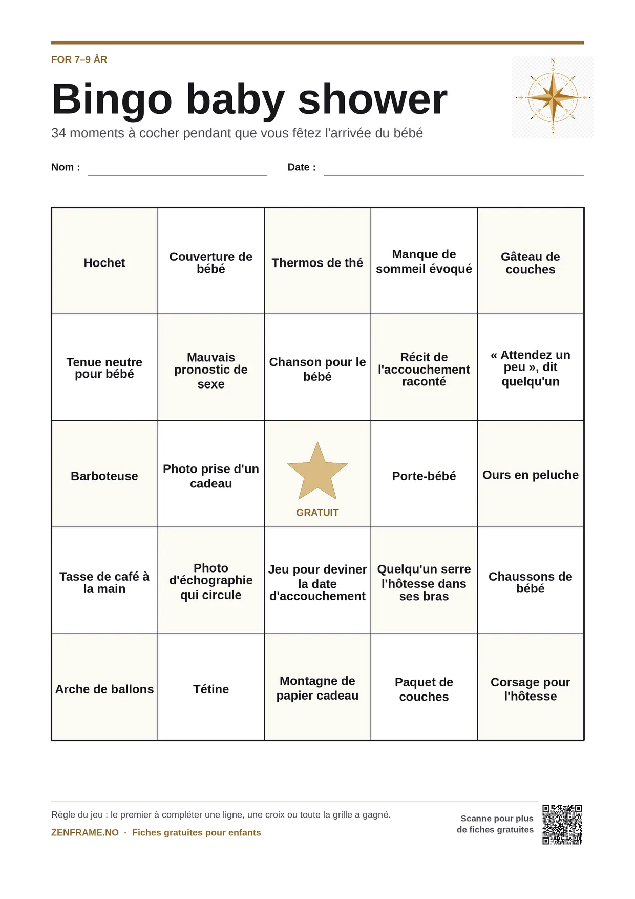 Bingo baby shower pour enfants 7–9 ans – planche A4 gratuite à imprimer