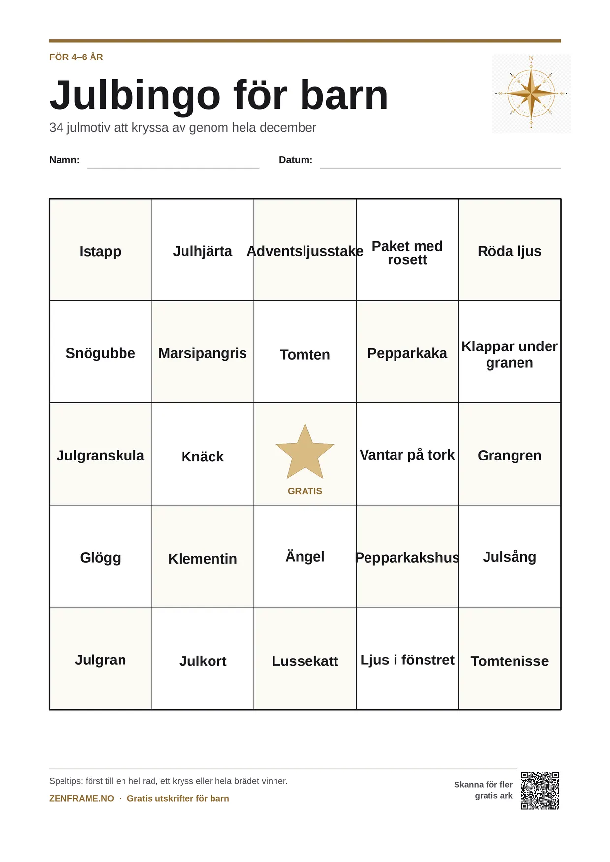 Julbingo för barn 4–6 år – gratis utskrivbart A4-bräde