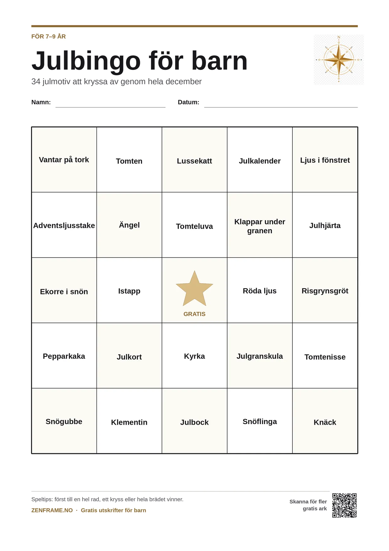 Julbingo för barn 7–9 år – gratis utskrivbart A4-bräde