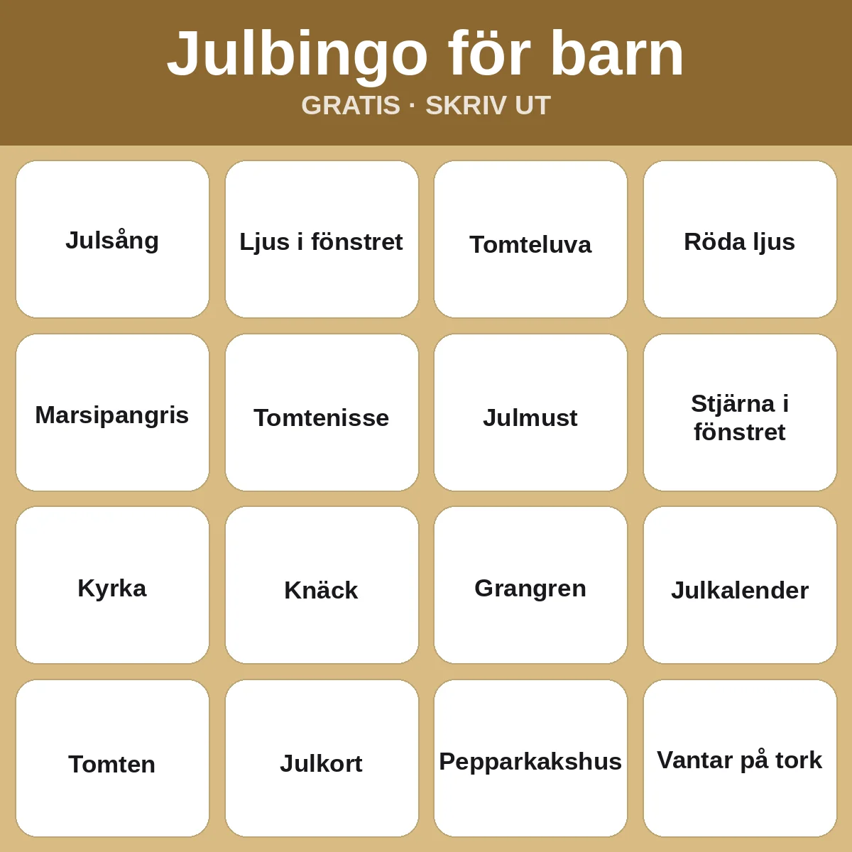 Julbingo för barn – gratis bingo att skriva ut för barn