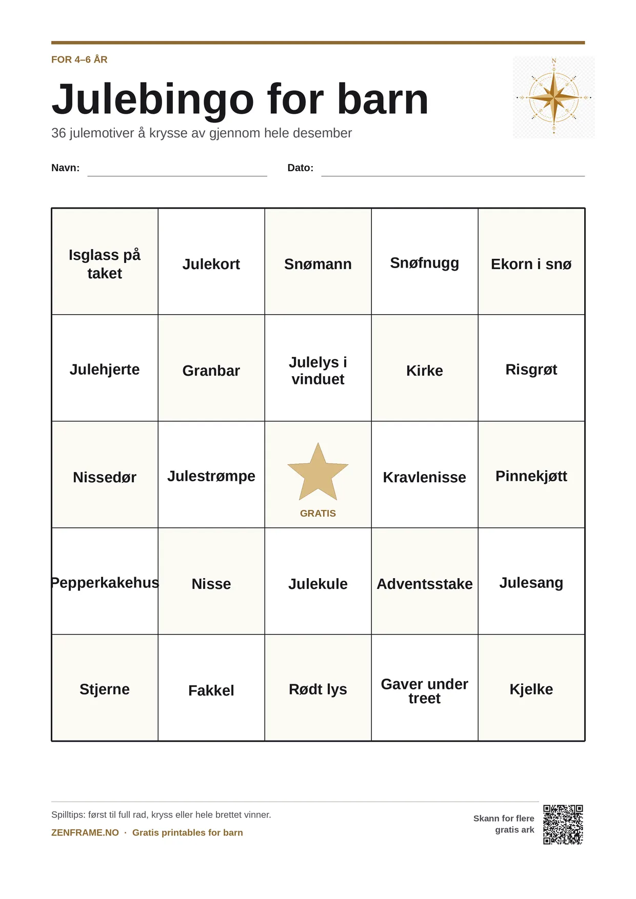 Julebingo for barn 4–6 år – gratis utskrivbart A4-brett