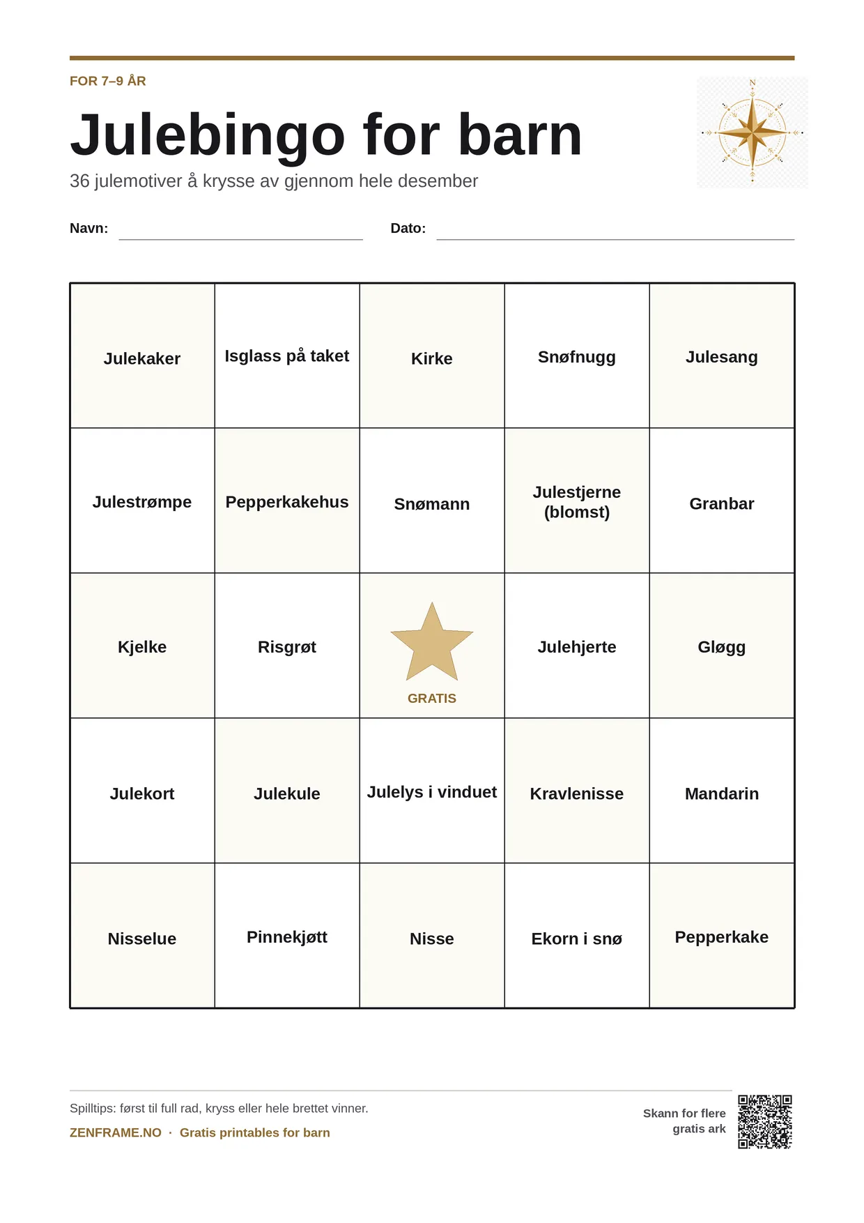 Julebingo for barn 7–9 år – gratis utskrivbart A4-brett