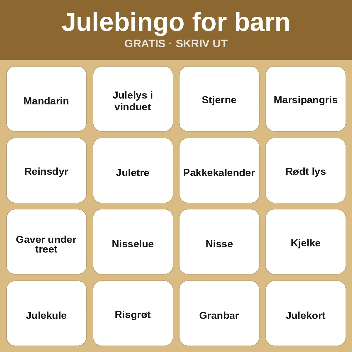 Julebingo for barn – gratis bingo til utskrift for barn