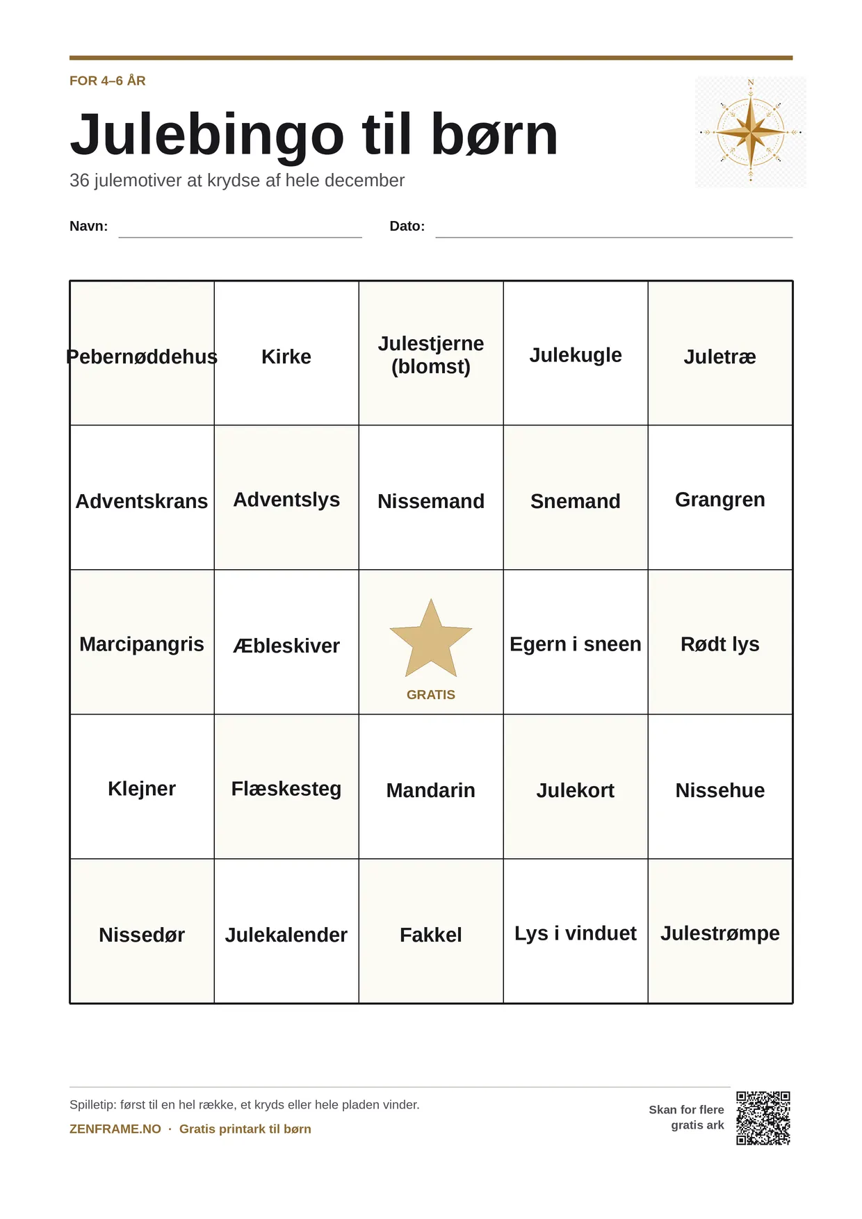 Julebingo for børn 4–6 år – gratis printbar A4-plade