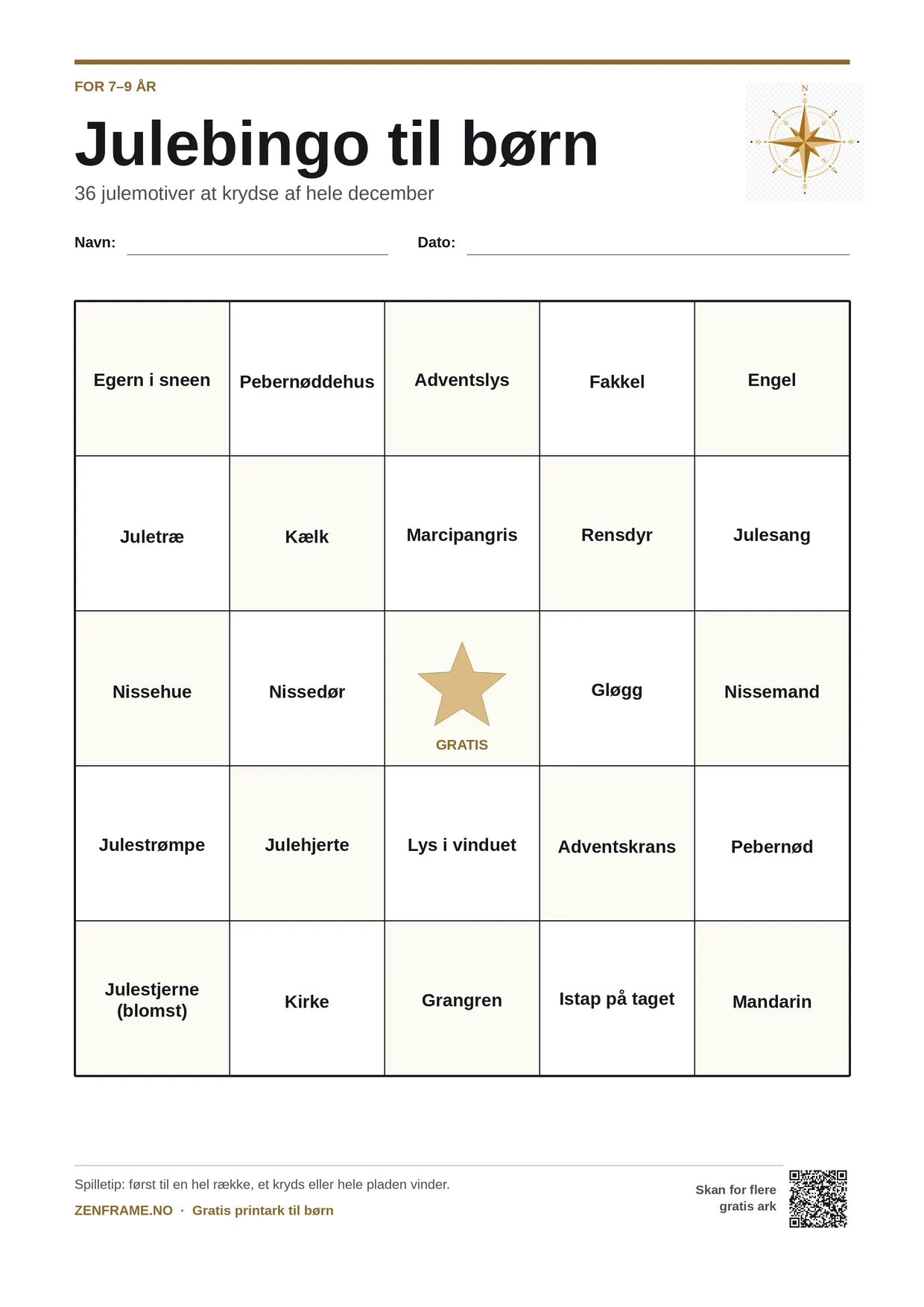 Julebingo for børn 7–9 år – gratis printbar A4-plade