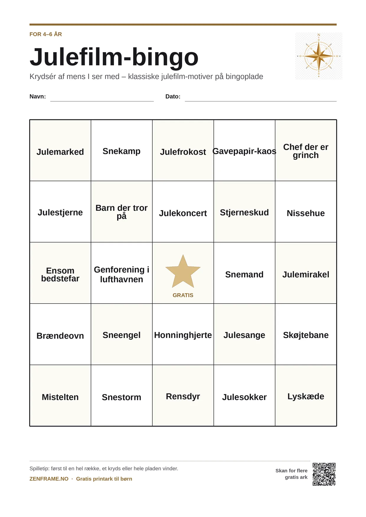 Julefilm-bingo for børn 4–6 år – gratis printbar A4-plade