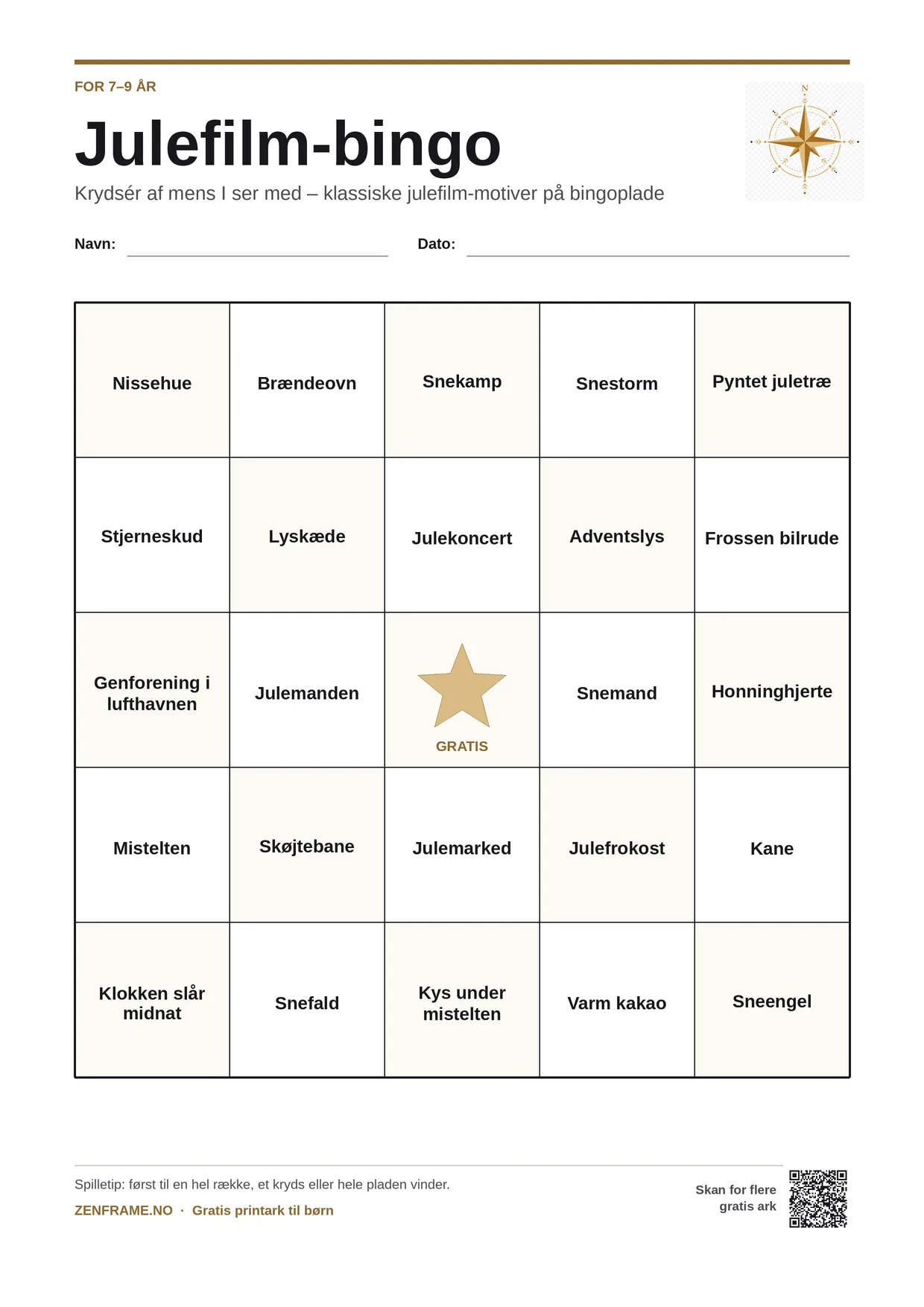 Julefilm-bingo for børn 7–9 år – gratis printbar A4-plade